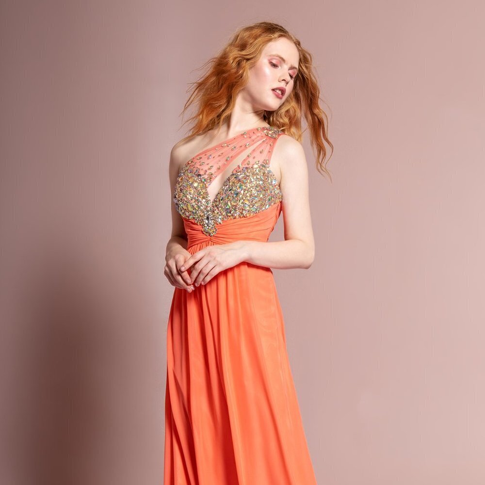 NEW SLEEVELESS ONE SHOULDER CHIFFON DRESS EMBROIDERED WITH RHINESTONES GL1138